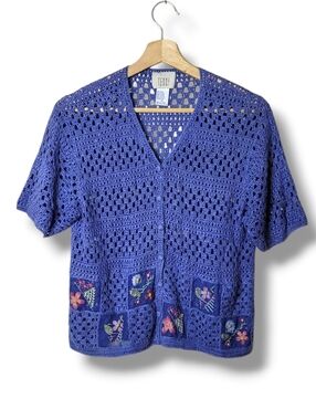 ASO Teddi Crochet Knit Cardigan Embroidered Applique Blue Sweater